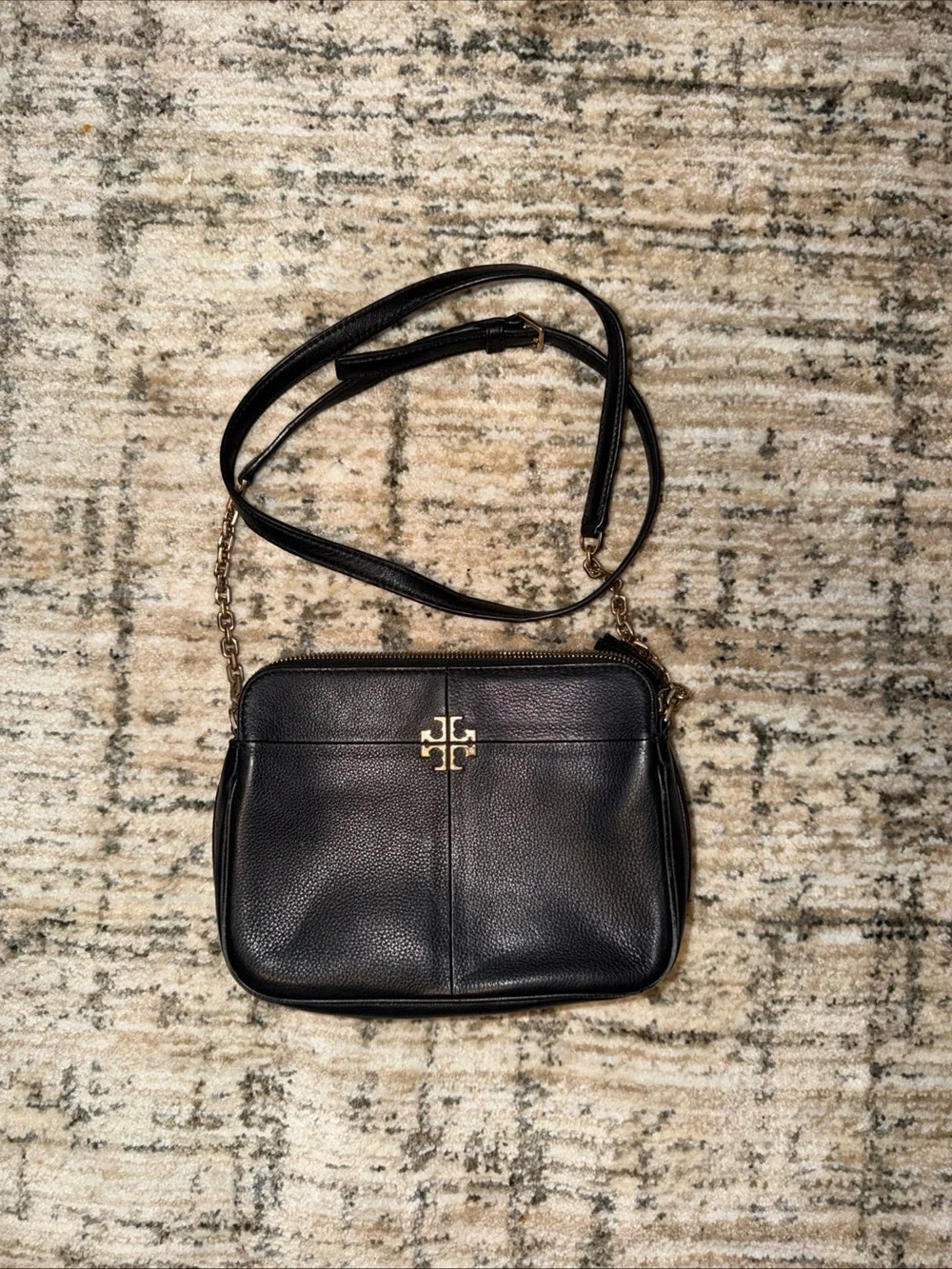 Tory Burch Black Pebbled Leather Logo Crossbody with Gold Hardware